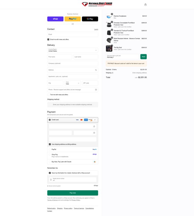 National Body Armor checkout page showing National Body Armor promo code box | Screenshot taken by SimplyCodes community member on Sep 2, 2025