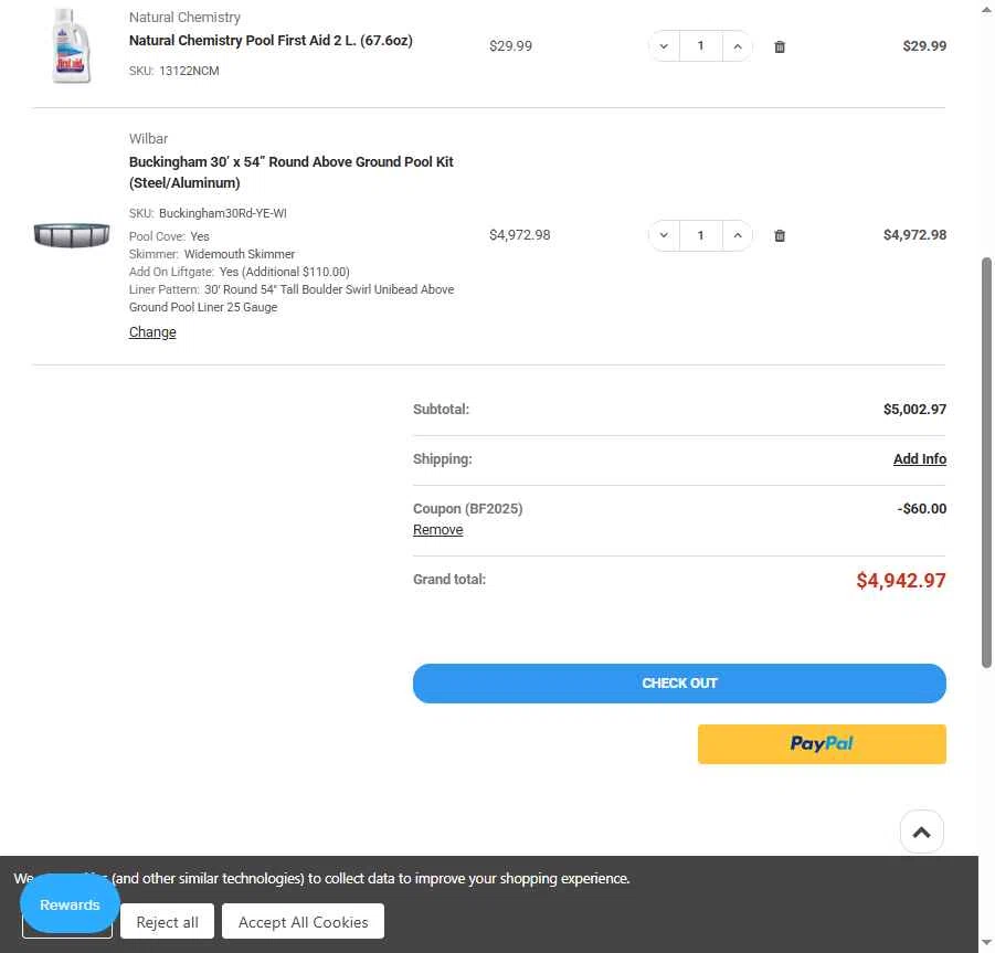 National Discount Pool Supplies checkout page showing National Discount Pool Supplies promo code box | Screenshot taken by SimplyCodes community member on Nov 28, 2025