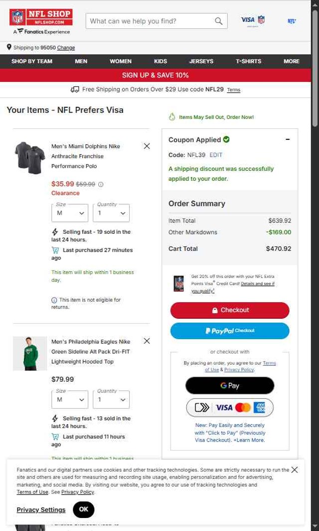 NFL checkout page showing NFL coupon code box | Screenshot taken by SimplyCodes community member on Aug 2, 2025