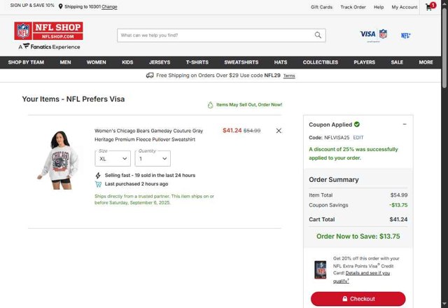 NFL checkout page showing NFL coupon code box | Screenshot taken by SimplyCodes community member on Aug 28, 2025