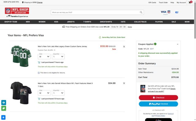 NFL checkout page showing NFL coupon code box | Screenshot taken by SimplyCodes community member on Aug 9, 2025