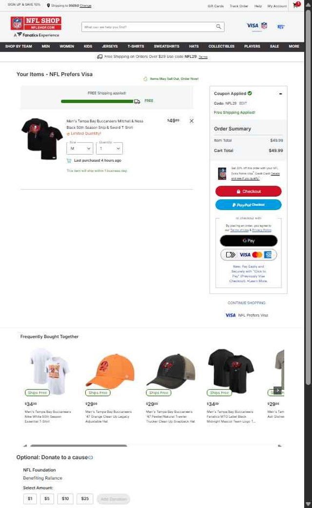 NFL checkout page showing NFL coupon code box | Screenshot taken by SimplyCodes community member on Aug 21, 2025