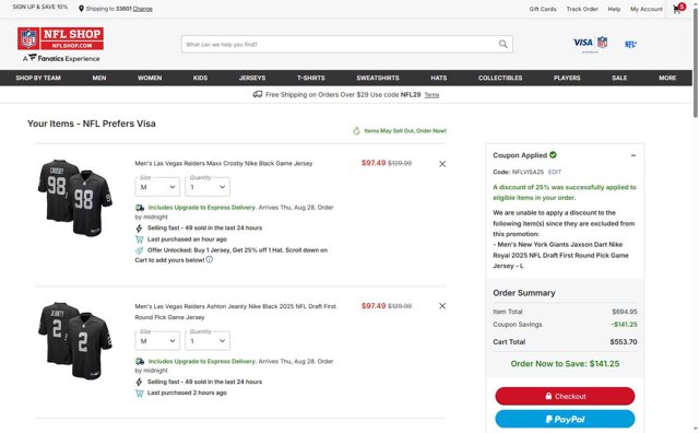 NFL checkout page showing NFL coupon code box | Screenshot taken by SimplyCodes community member on Aug 25, 2025