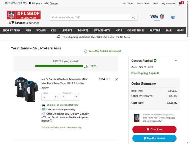 NFL checkout page showing NFL coupon code box | Screenshot taken by SimplyCodes community member on Aug 27, 2025