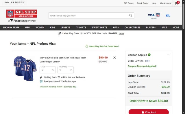 NFL checkout page showing NFL coupon code box | Screenshot taken by SimplyCodes community member on Aug 29, 2025