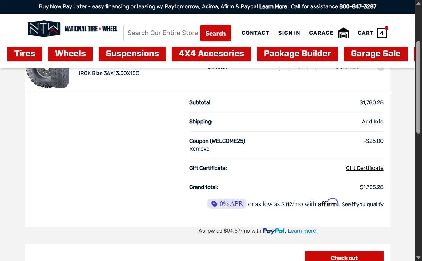 National Tire & Wheel checkout page showing National Tire & Wheel promo code box | Screenshot taken by SimplyCodes community member on Oct 13, 2025