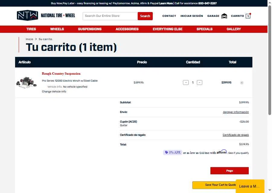 National Tire & Wheel checkout page showing National Tire & Wheel promo code box | Screenshot taken by SimplyCodes community member on Jun 28, 2025
