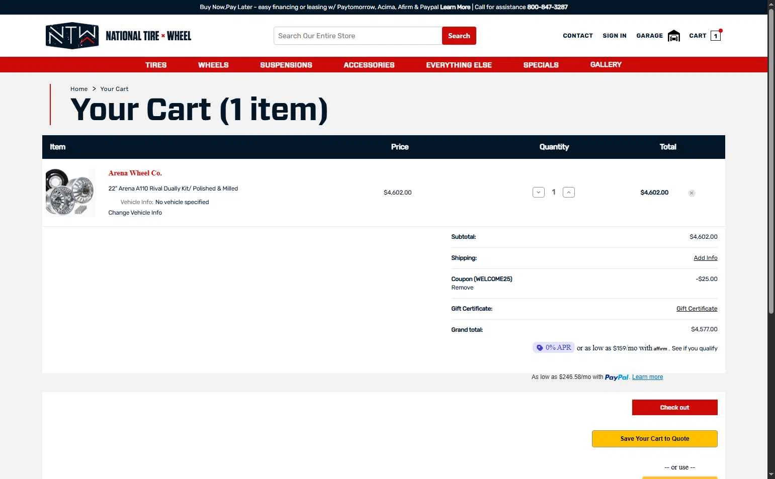 National Tire & Wheel checkout page showing National Tire & Wheel promo code box | Screenshot taken by SimplyCodes community member on Oct 13, 2025
