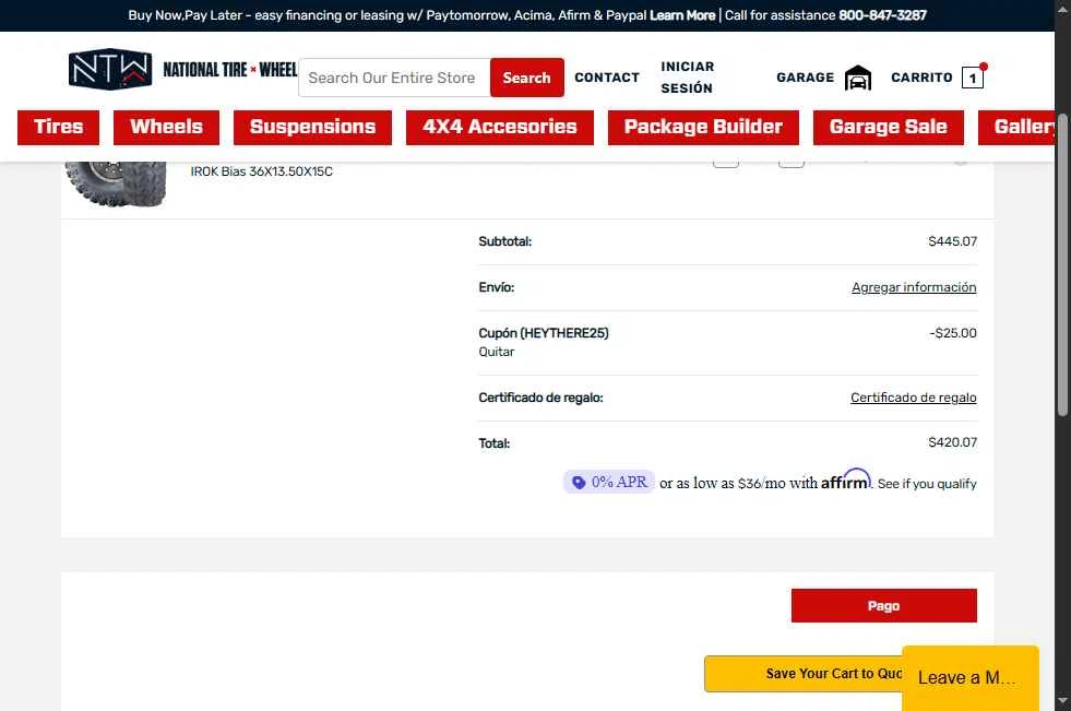 National Tire & Wheel checkout page showing National Tire & Wheel promo code box | Screenshot taken by SimplyCodes community member on Nov 23, 2025