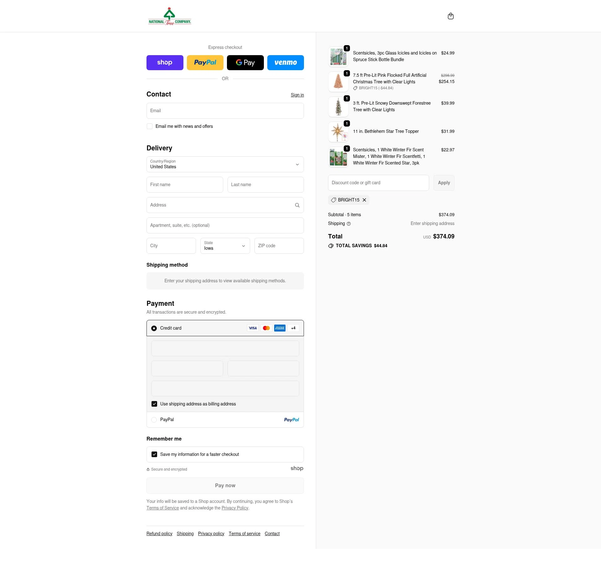 National Tree Company checkout page showing National Tree Company discount code box | Screenshot taken by SimplyCodes community member on Dec 15, 2025