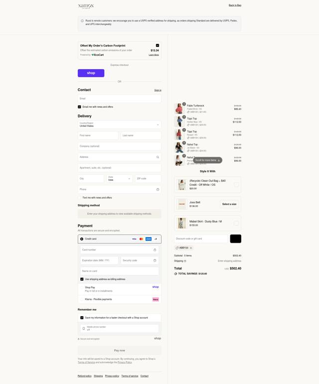Nation LTD checkout page showing Nation LTD coupon code box | Screenshot taken by SimplyCodes community member on Sep 13, 2025