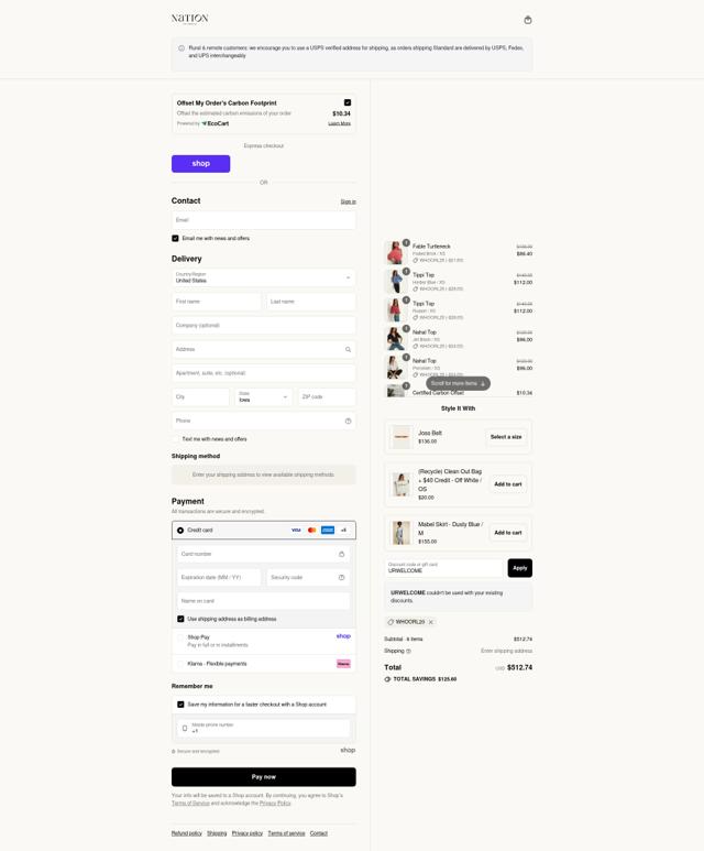 Nation LTD checkout page showing Nation LTD coupon code box | Screenshot taken by SimplyCodes community member on Sep 9, 2025