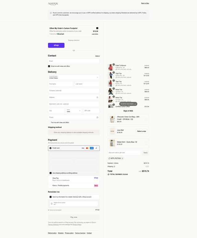 Nation LTD checkout page showing Nation LTD coupon code box | Screenshot taken by SimplyCodes community member on Sep 13, 2025