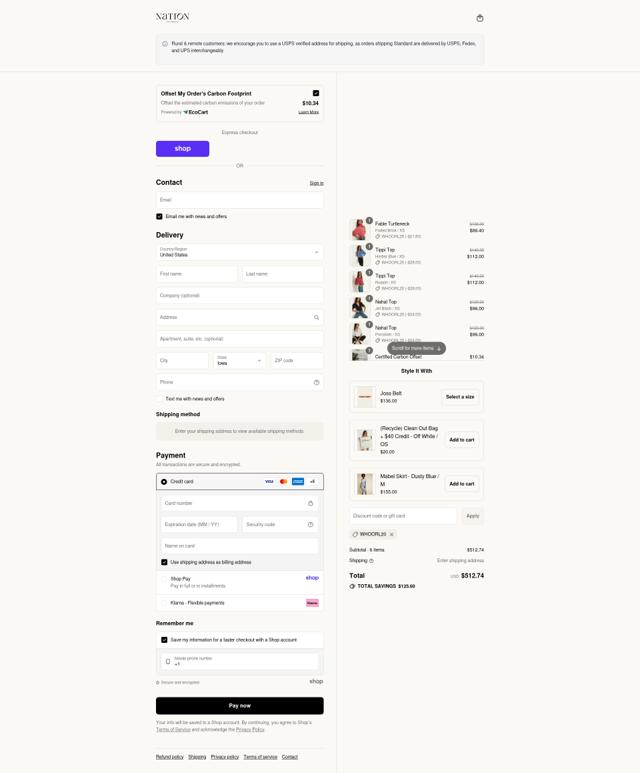 Nation LTD checkout page showing Nation LTD coupon code box | Screenshot taken by SimplyCodes community member on Sep 9, 2025