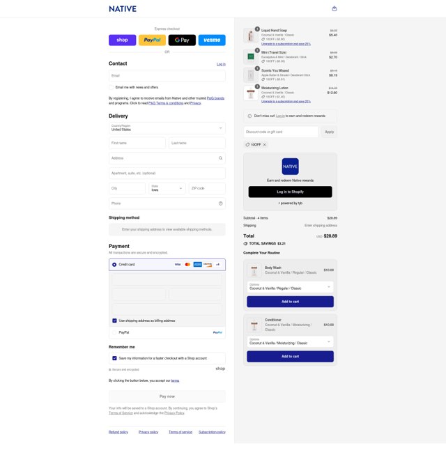 Native Deodorant checkout page showing Native Deodorant discount code box | Screenshot taken by SimplyCodes community member on Sep 6, 2025