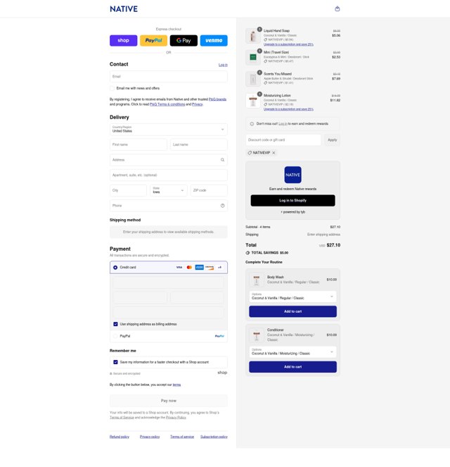 Native Deodorant checkout page showing Native Deodorant discount code box | Screenshot taken by SimplyCodes community member on Sep 6, 2025