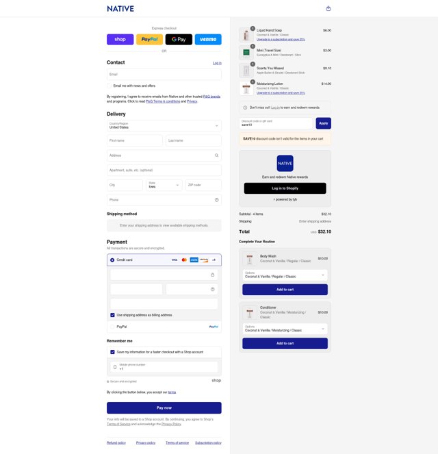 Native Deodorant checkout page showing Native Deodorant discount code box | Screenshot taken by SimplyCodes community member on Sep 6, 2025