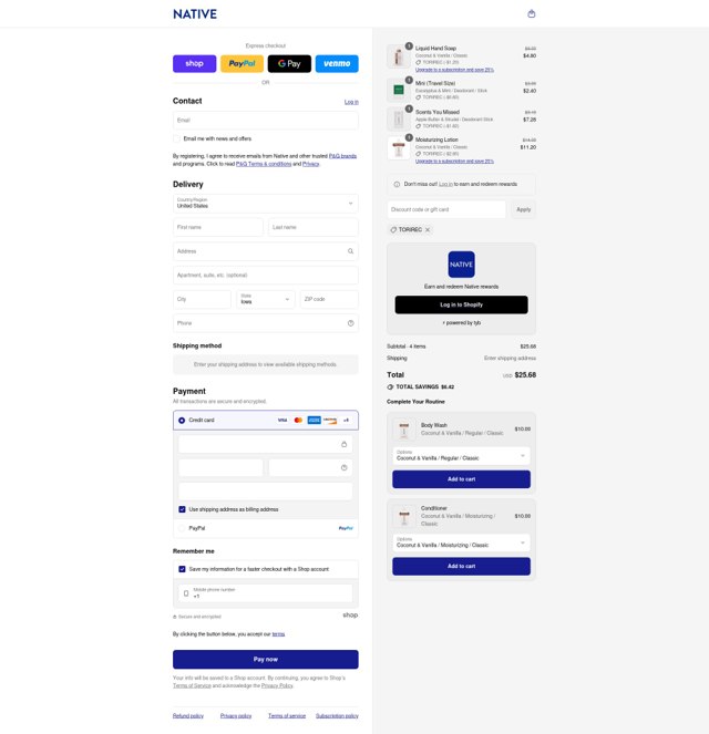 Native Deodorant checkout page showing Native Deodorant discount code box | Screenshot taken by SimplyCodes community member on Sep 6, 2025