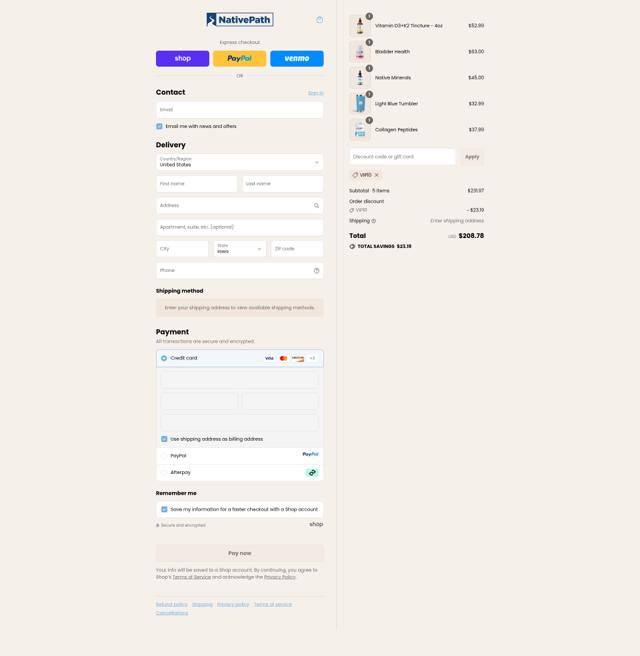 NativePath checkout page showing NativePath coupon code box | Screenshot taken by SimplyCodes community member on Sep 11, 2025