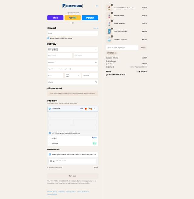 NativePath checkout page showing NativePath coupon code box | Screenshot taken by SimplyCodes community member on Sep 11, 2025