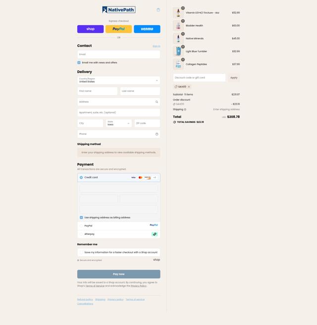 NativePath checkout page showing NativePath coupon code box | Screenshot taken by SimplyCodes community member on Sep 11, 2025
