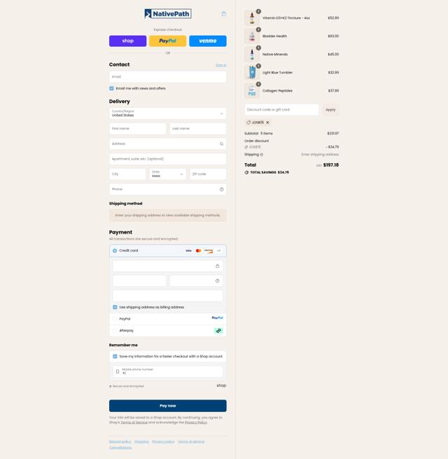 NativePath checkout page showing NativePath coupon code box | Screenshot taken by SimplyCodes community member on Sep 11, 2025