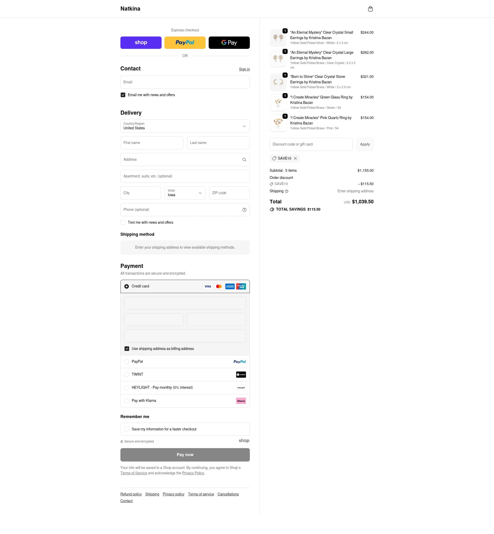 Natkina checkout page showing Natkina promo code box | Screenshot taken by SimplyCodes community member on Dec 14, 2025