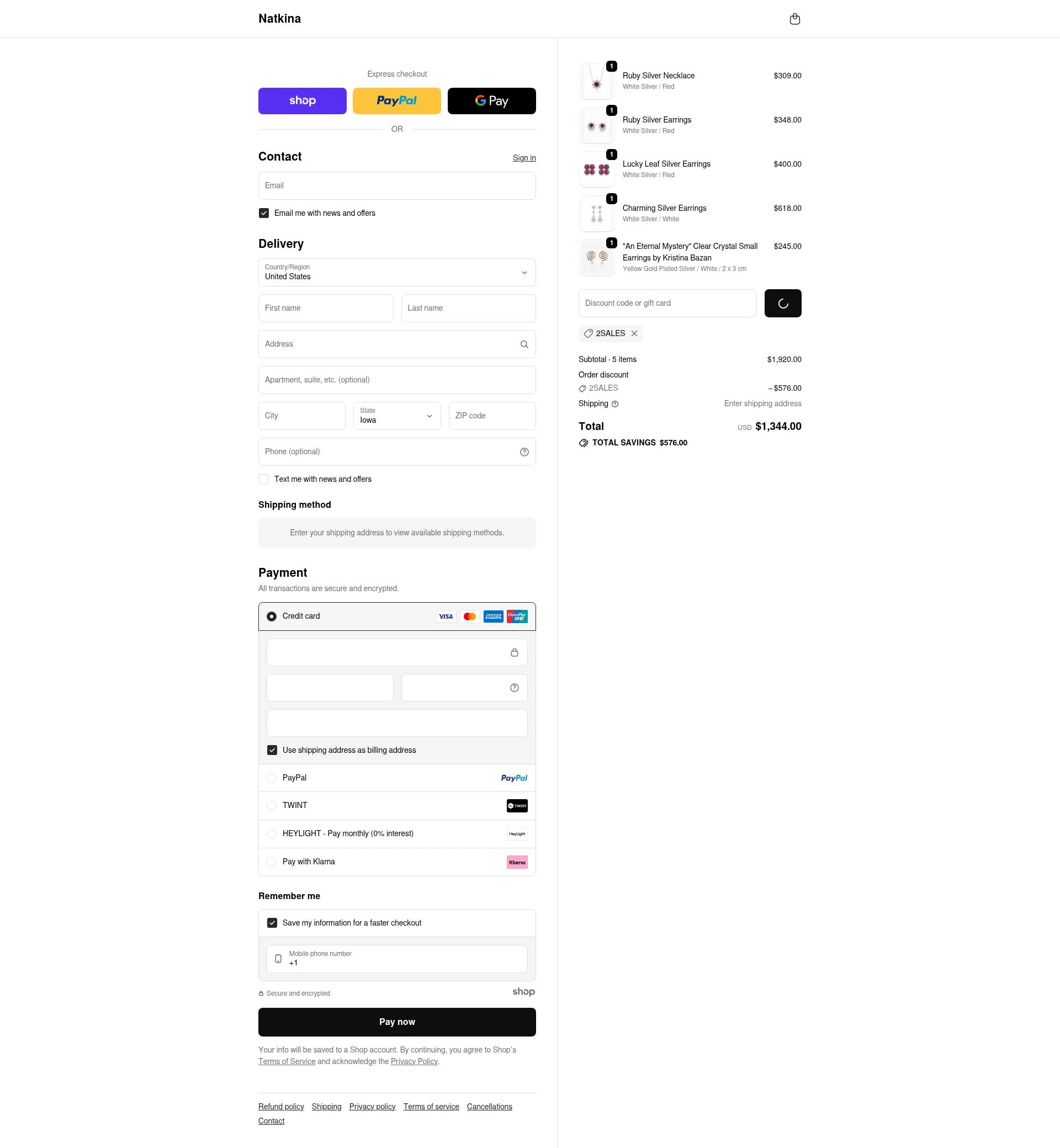Natkina checkout page showing Natkina promo code box | Screenshot taken by SimplyCodes community member on Dec 31, 2025