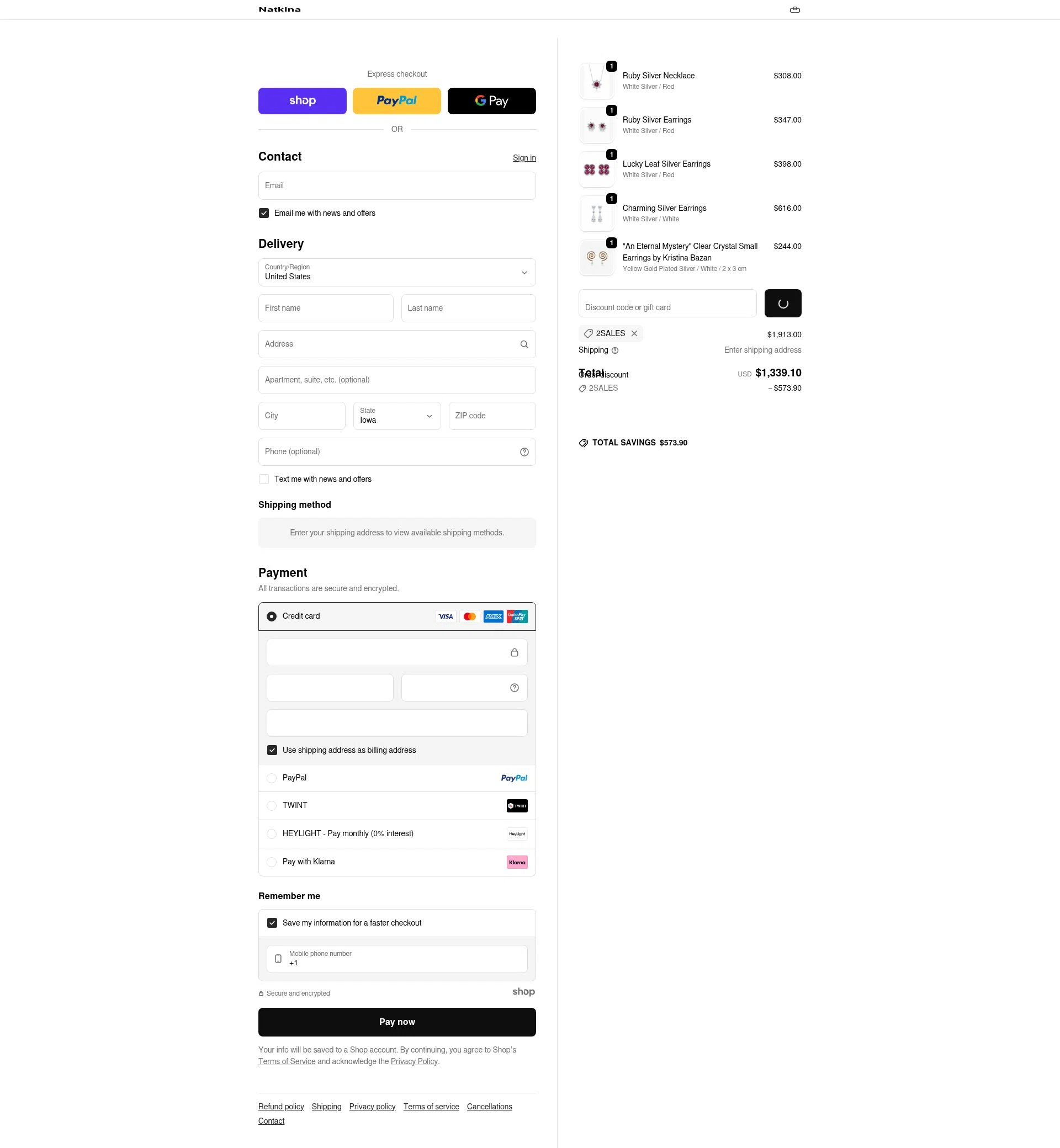 Natkina checkout page showing Natkina promo code box | Screenshot taken by SimplyCodes community member on Dec 21, 2025