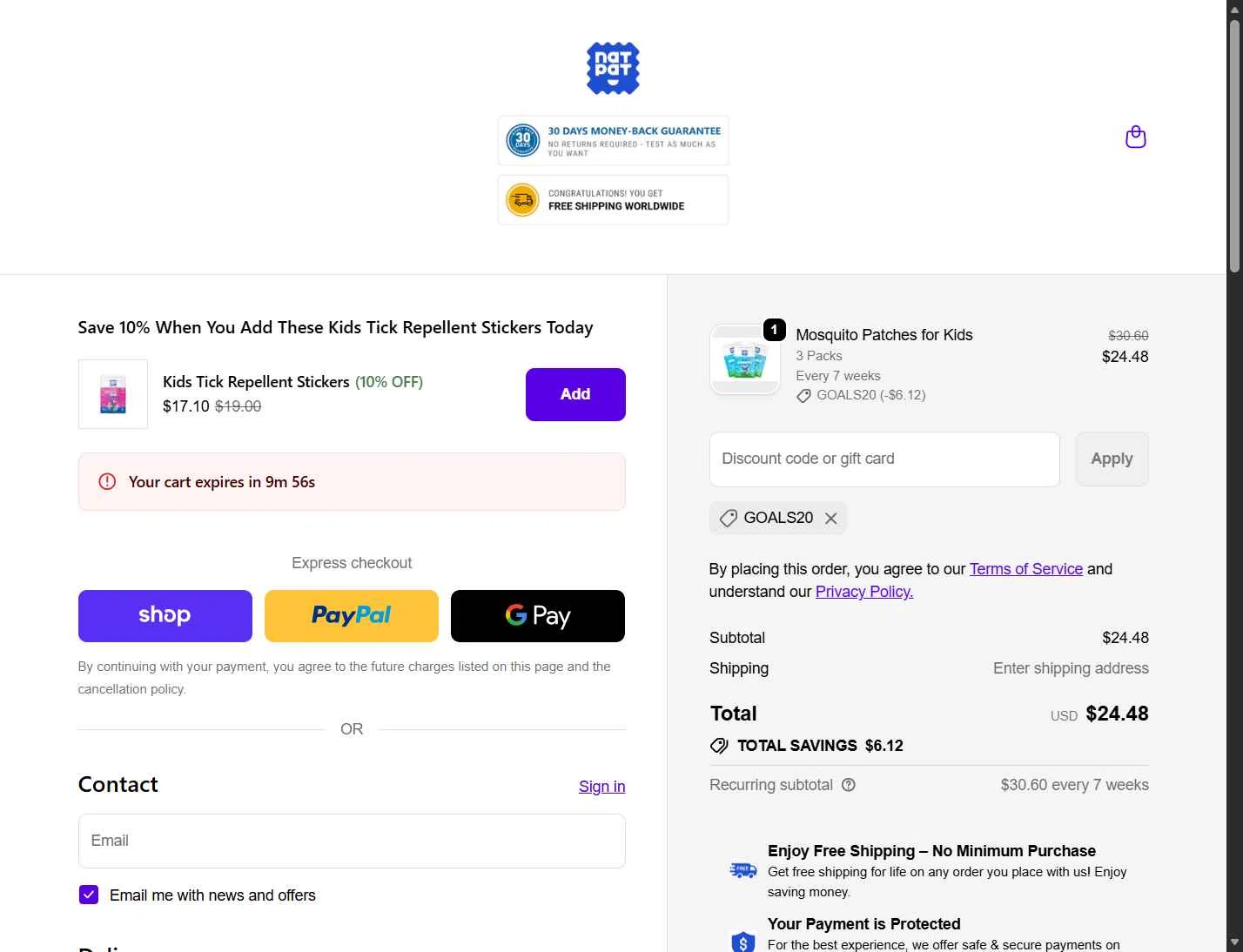 NATPAT AU checkout page showing NATPAT AU promo code box | Screenshot taken by SimplyCodes community member on Dec 31, 2025