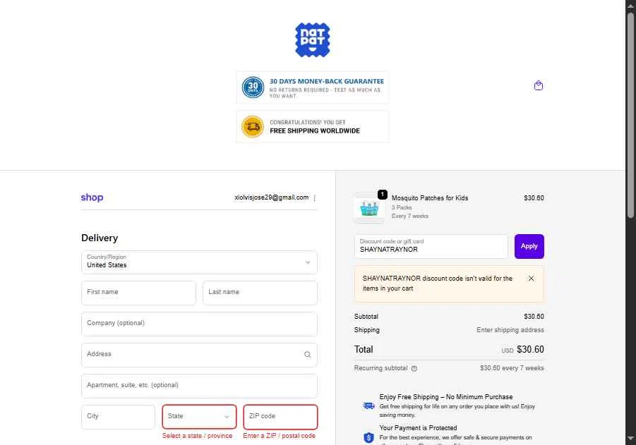 NATPAT AU checkout page showing NATPAT AU promo code box | Screenshot taken by SimplyCodes community member on Nov 5, 2025