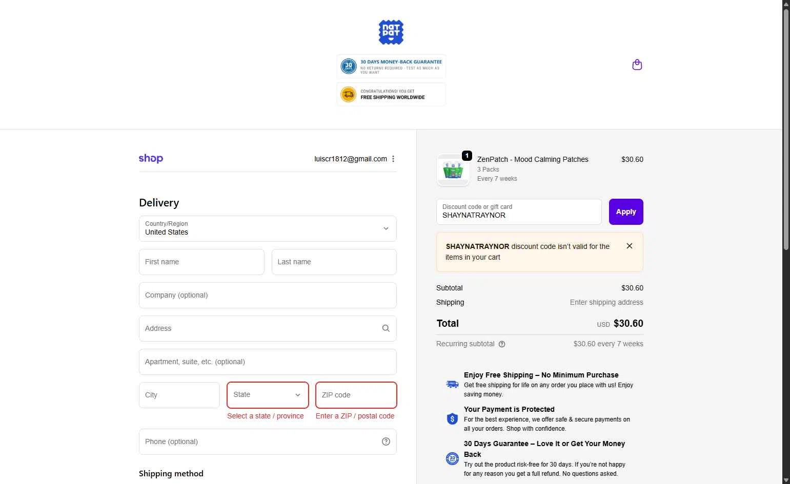NATPAT AU checkout page showing NATPAT AU promo code box | Screenshot taken by SimplyCodes community member on Dec 4, 2025