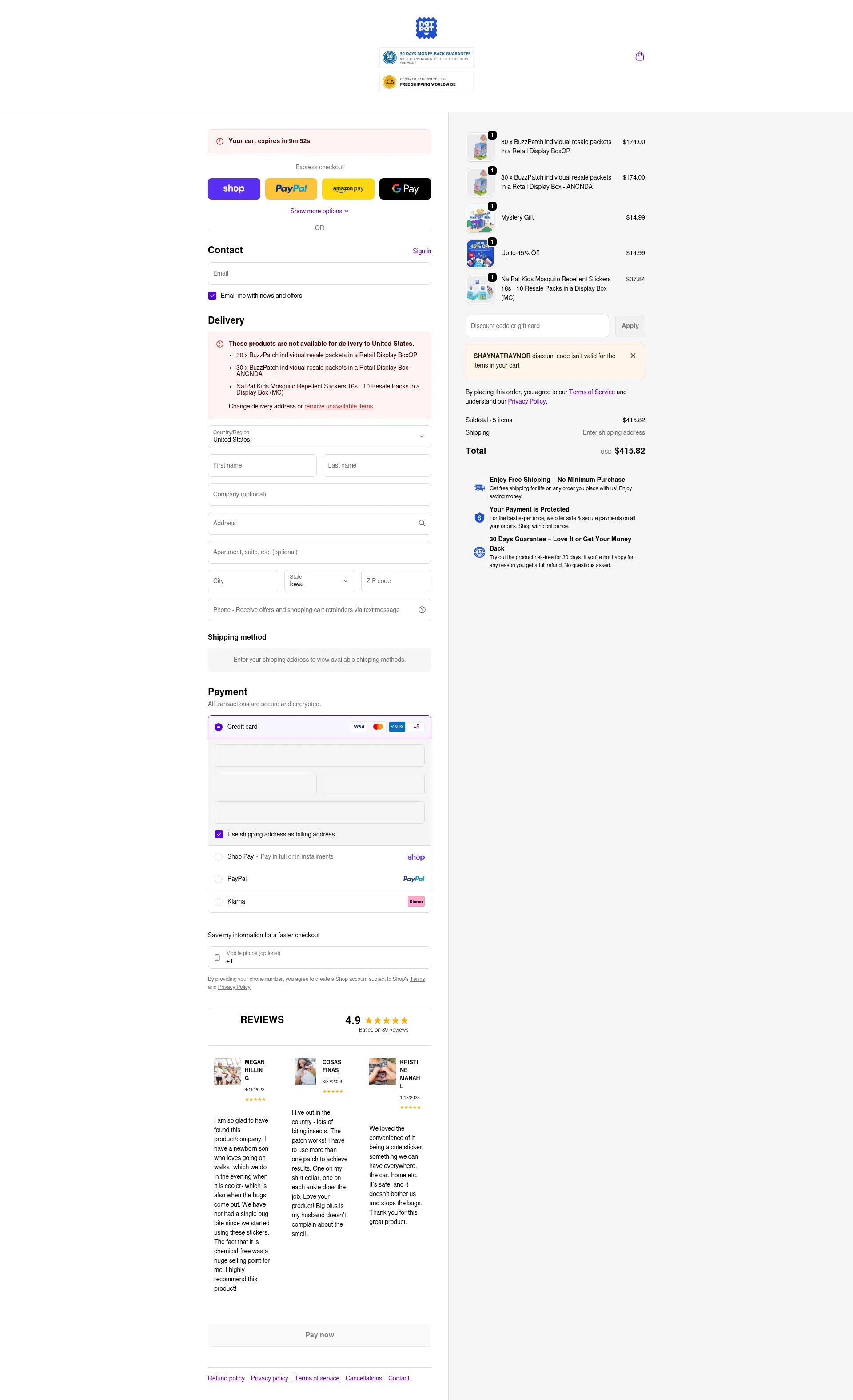 NATPAT AU checkout page showing NATPAT AU promo code box | Screenshot taken by SimplyCodes community member on Feb 15, 2026