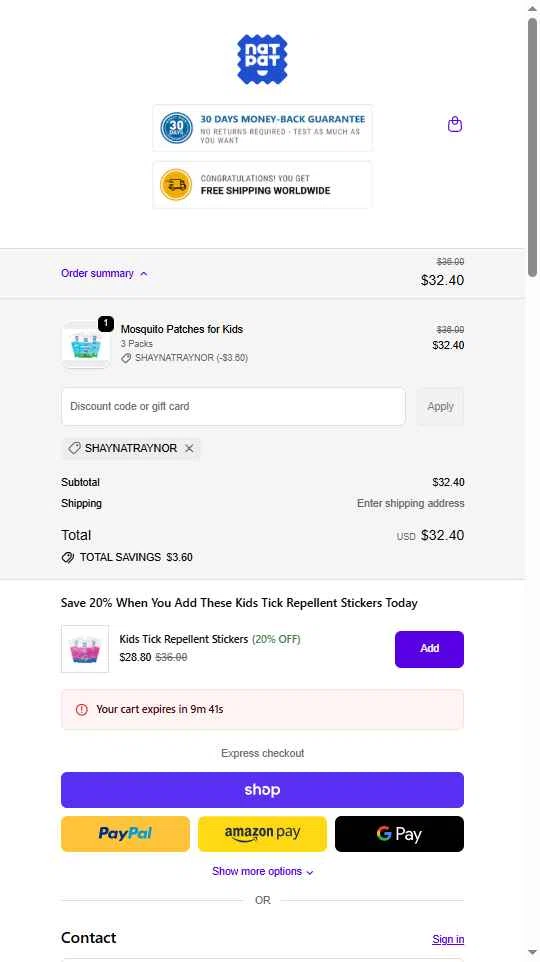 NATPAT AU checkout page showing NATPAT AU promo code box | Screenshot taken by SimplyCodes community member on Nov 5, 2025