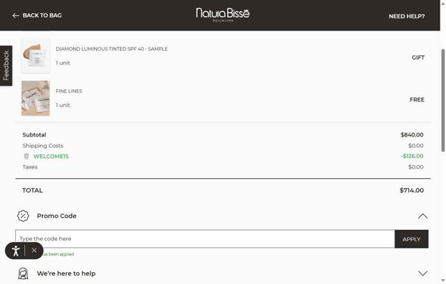 Natura Bisse checkout page showing Natura Bisse promo code box | Screenshot taken by SimplyCodes community member on Jul 25, 2025
