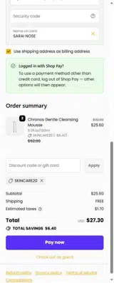 SKINCARE20 coupon verification screenshot