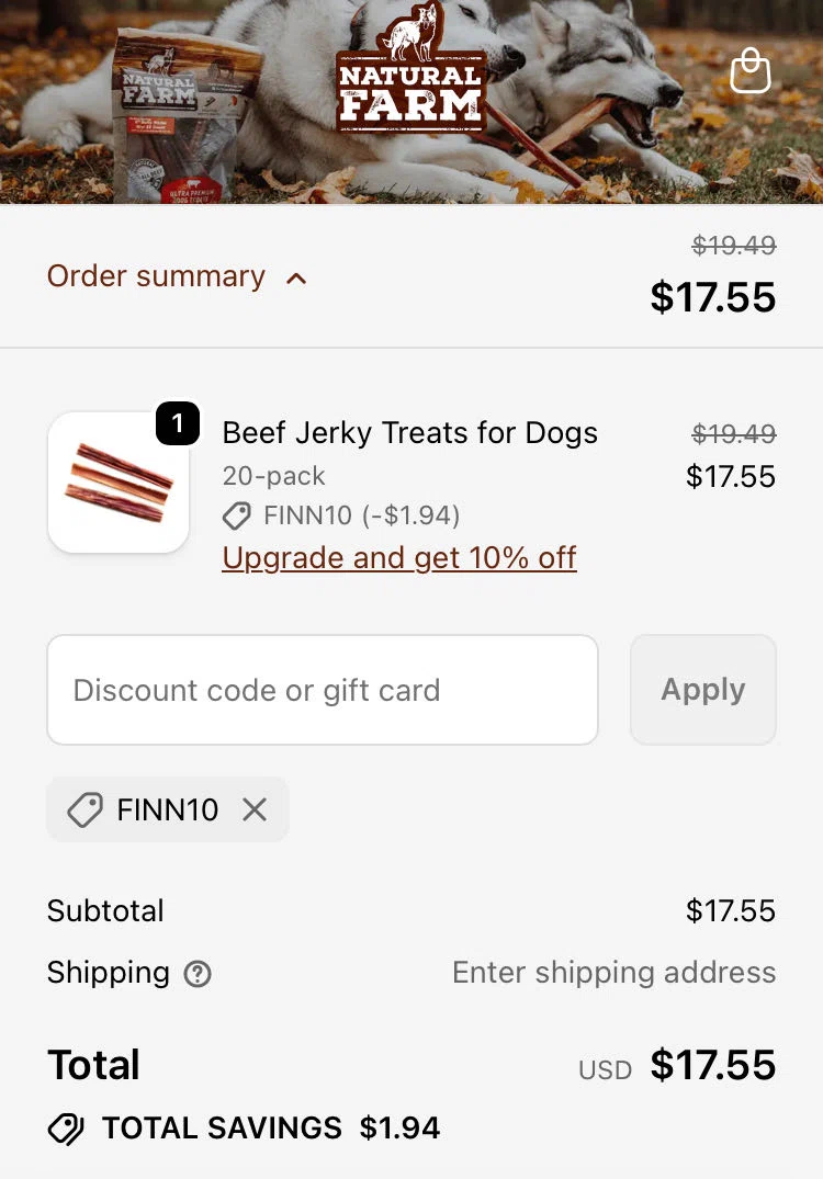 Natural Farm Pet promo code screenshot showing code FINN10 applied at Natural Farm Pet checkout page. Uploaded by SimplyCodes community member CodeScout4373 on Jan 14, 2026