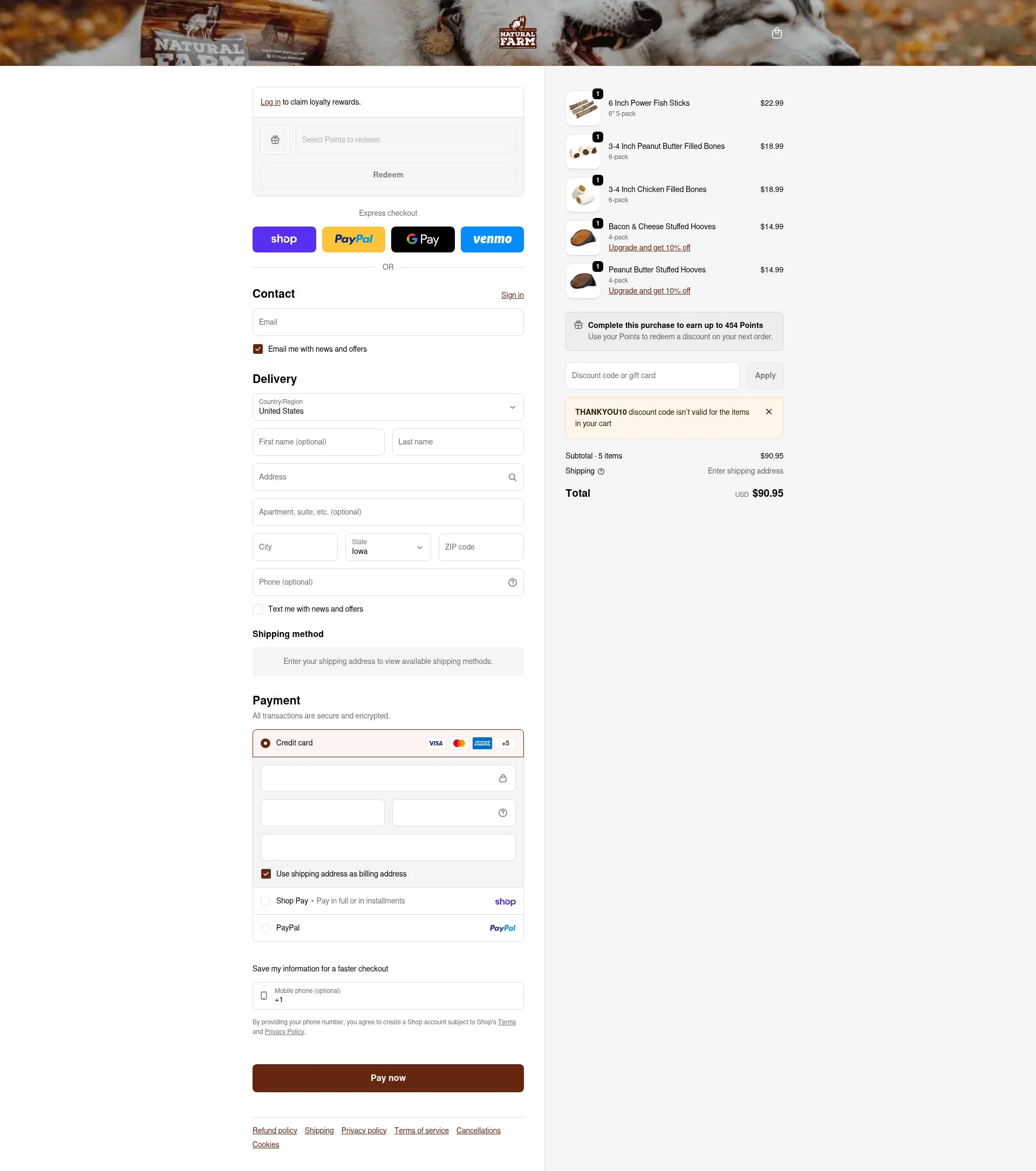 Natural Farm Pet checkout page showing Natural Farm Pet promo code box | Screenshot taken by SimplyCodes community member on Feb 4, 2026