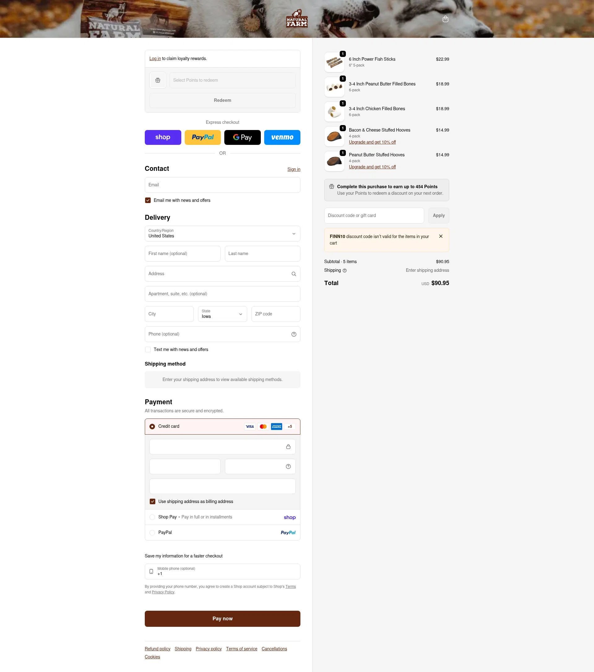 Natural Farm Pet checkout page showing Natural Farm Pet promo code box | Screenshot taken by SimplyCodes community member on Jan 30, 2026