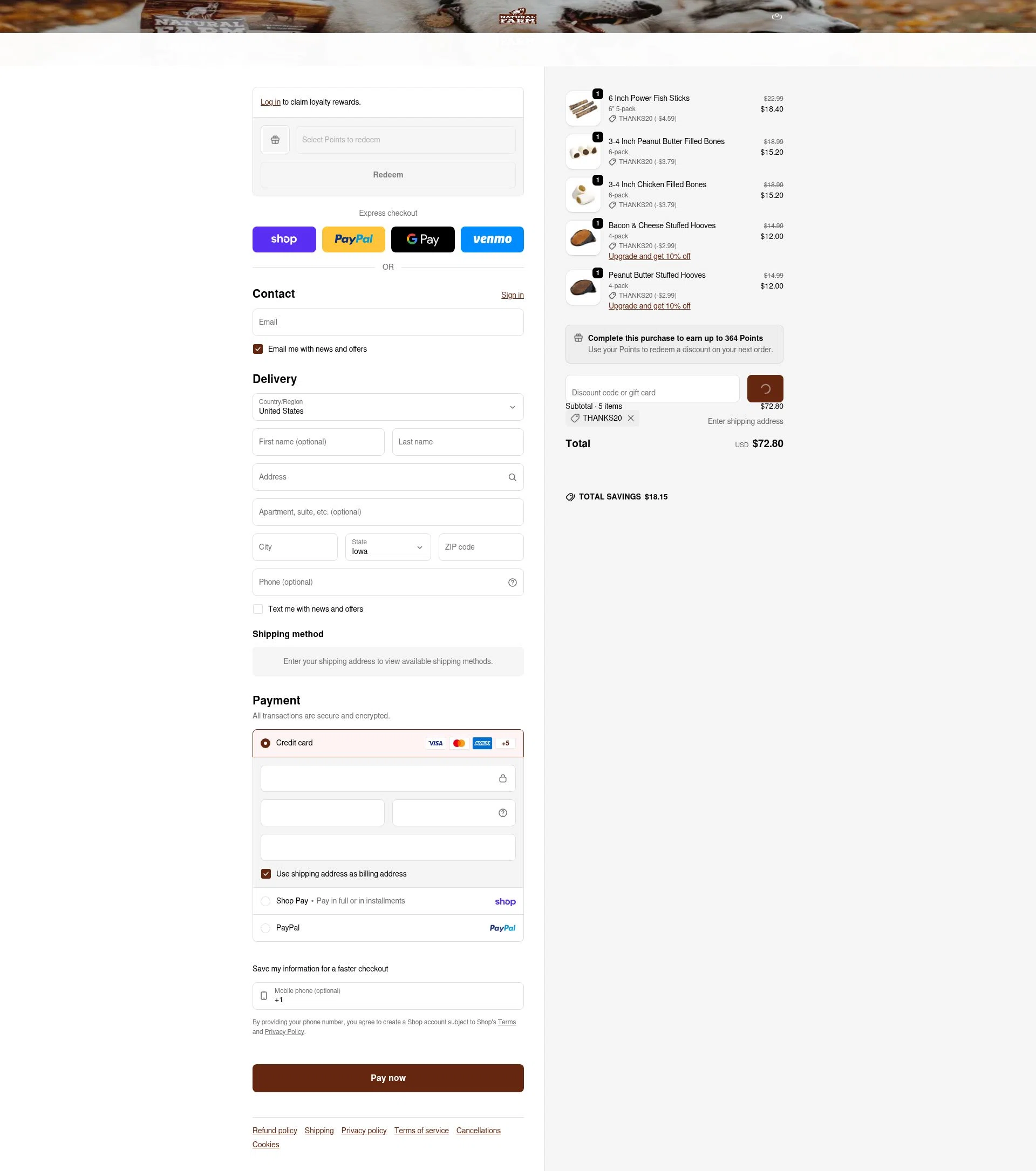 Natural Farm Pet checkout page showing Natural Farm Pet promo code box | Screenshot taken by SimplyCodes community member on Feb 4, 2026