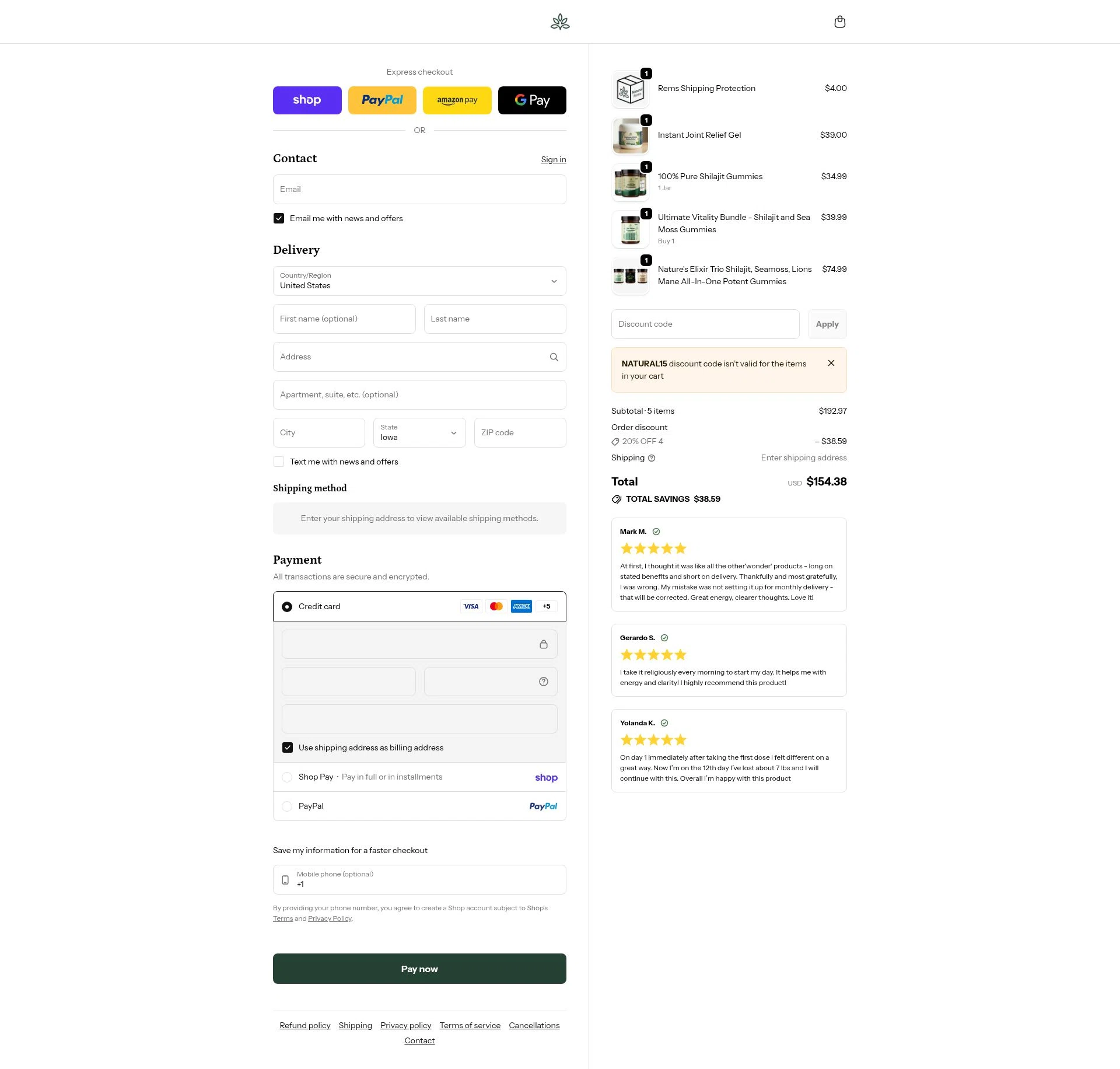 Natural Rems checkout page showing Natural Rems discount code box | Screenshot taken by SimplyCodes community member on Feb 10, 2026