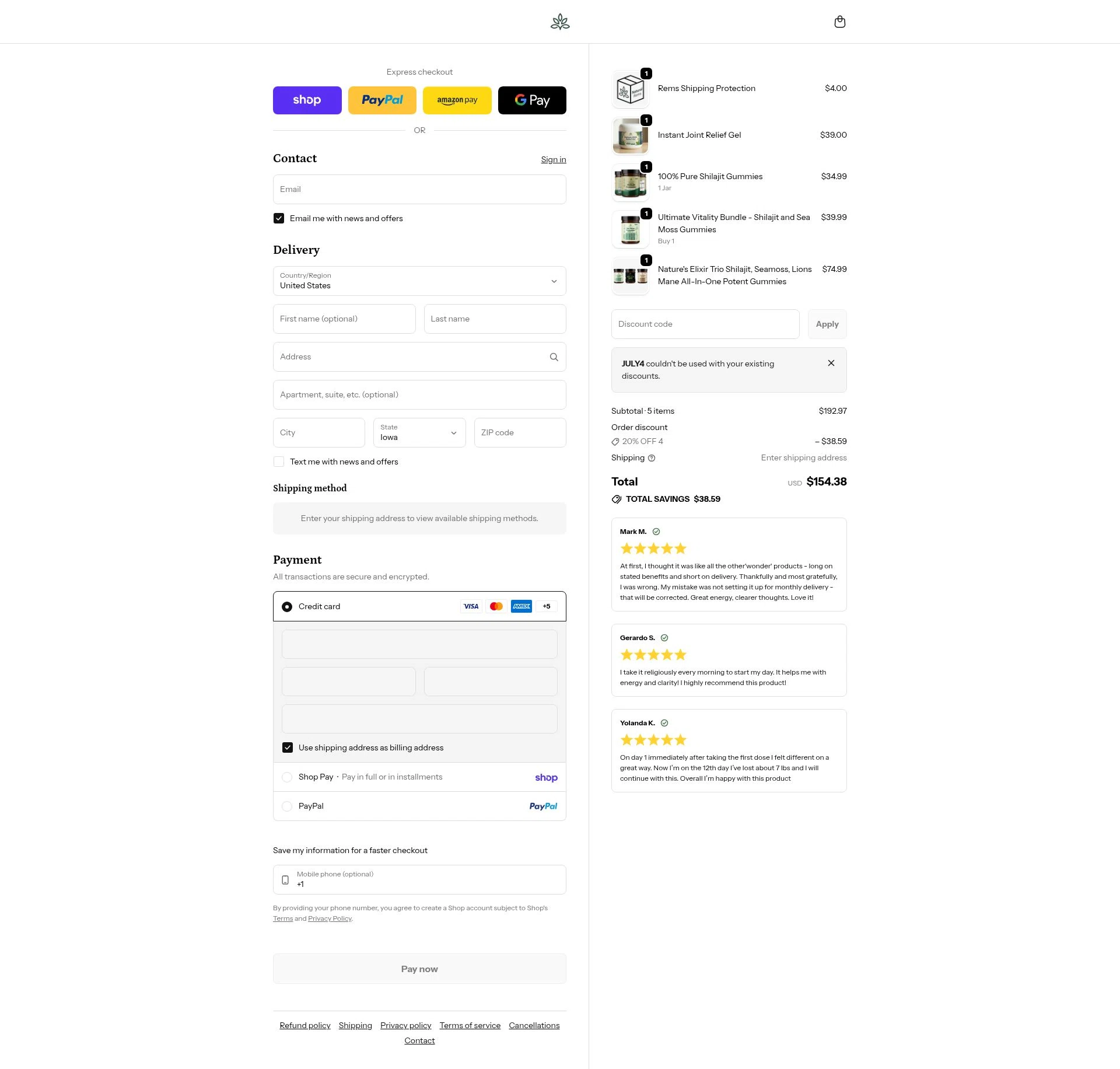 Natural Rems checkout page showing Natural Rems discount code box | Screenshot taken by SimplyCodes community member on Feb 10, 2026