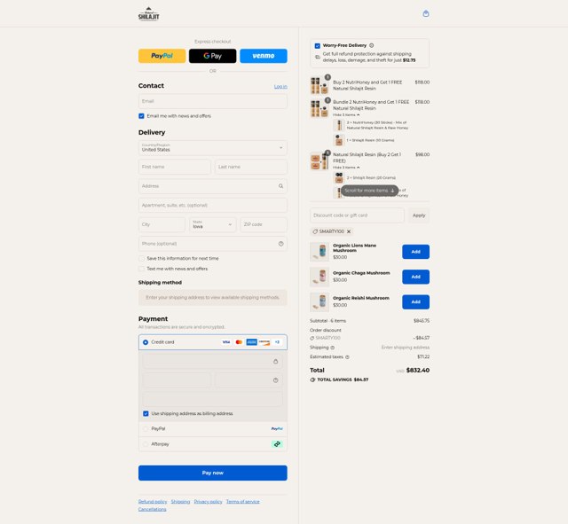Natural Shilajit checkout page showing Natural Shilajit discount code box | Screenshot taken by SimplyCodes community member on Sep 3, 2025