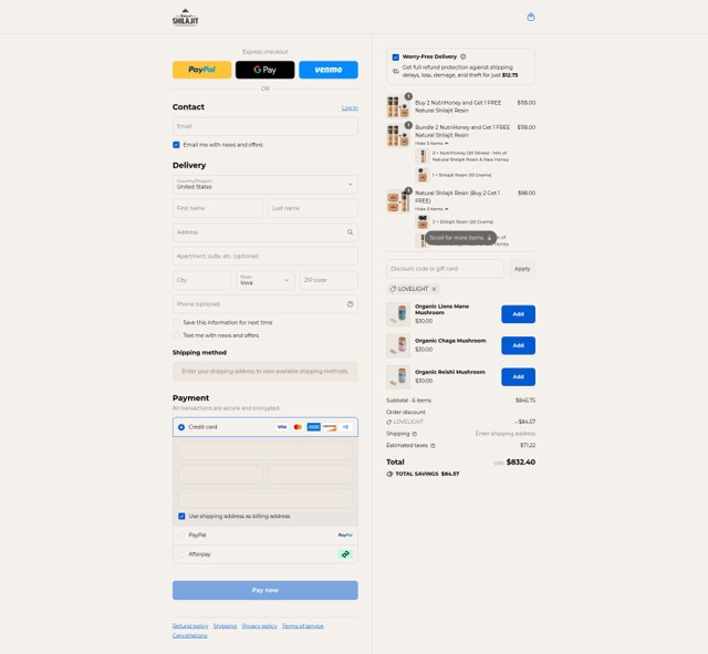 Natural Shilajit checkout page showing Natural Shilajit discount code box | Screenshot taken by SimplyCodes community member on Sep 3, 2025