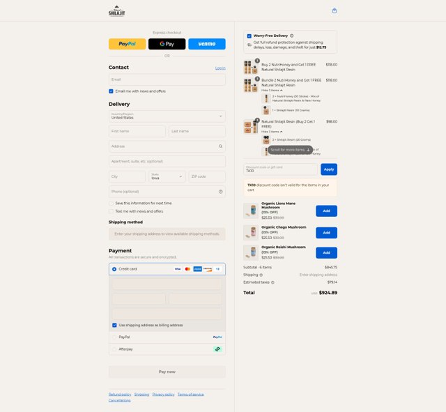 Natural Shilajit checkout page showing Natural Shilajit discount code box | Screenshot taken by SimplyCodes community member on Sep 3, 2025