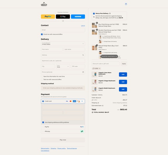 Natural Shilajit checkout page showing Natural Shilajit discount code box | Screenshot taken by SimplyCodes community member on Sep 3, 2025