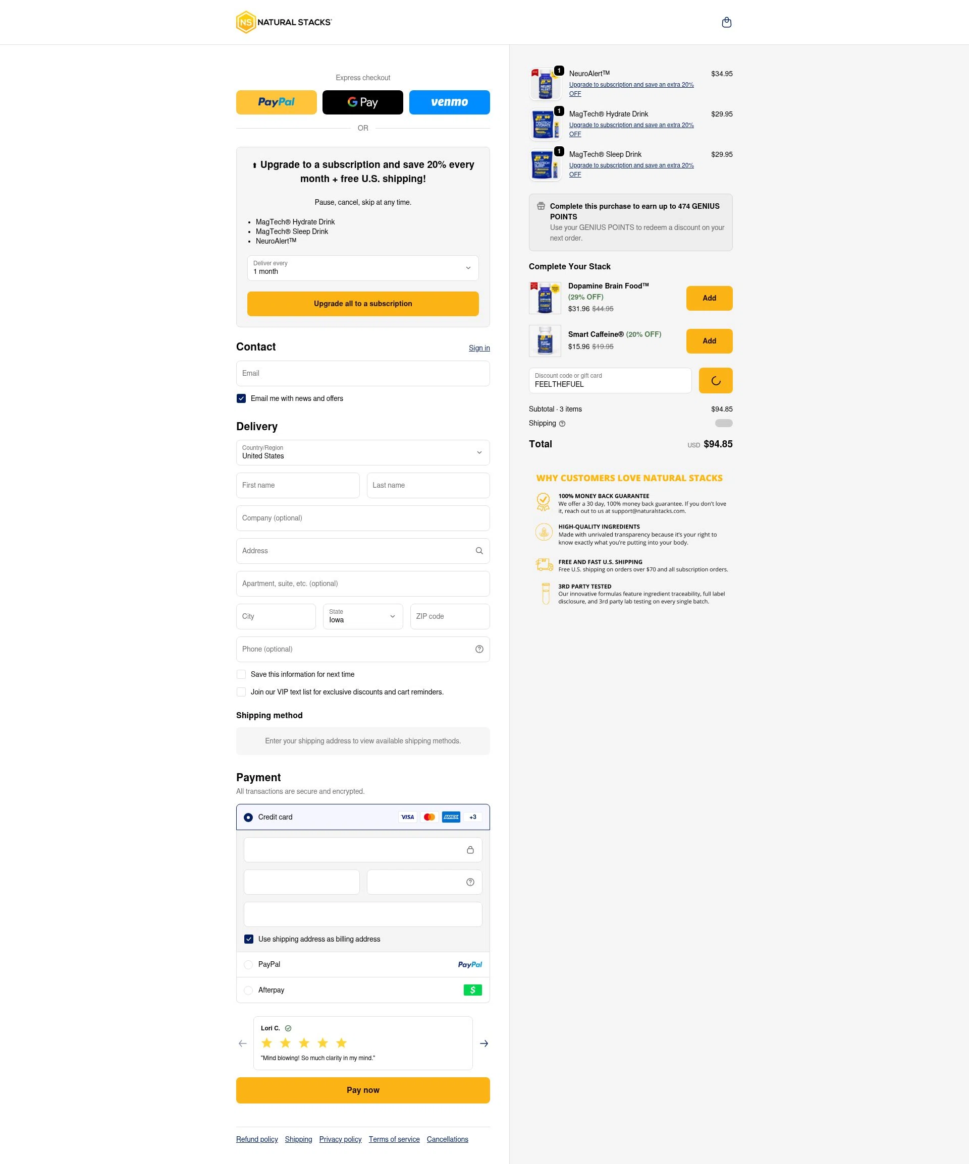 Natural Stacks checkout page showing Natural Stacks promo code box | Screenshot taken by SimplyCodes community member on Jan 4, 2026