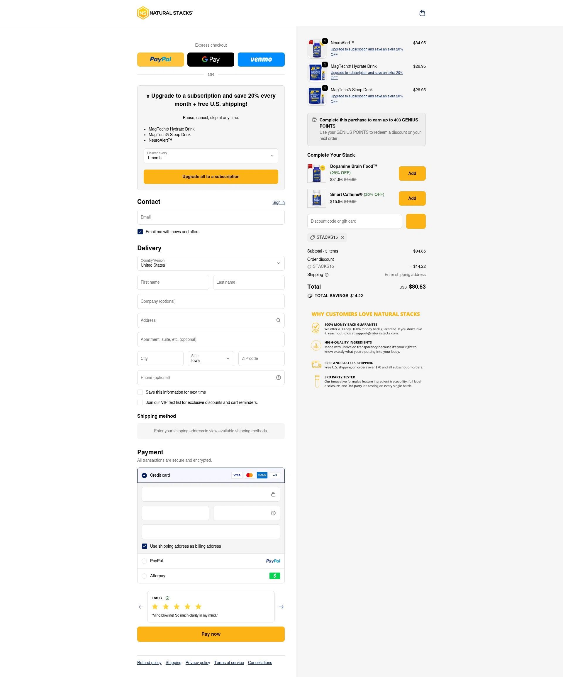 Natural Stacks checkout page showing Natural Stacks promo code box | Screenshot taken by SimplyCodes community member on Jan 4, 2026