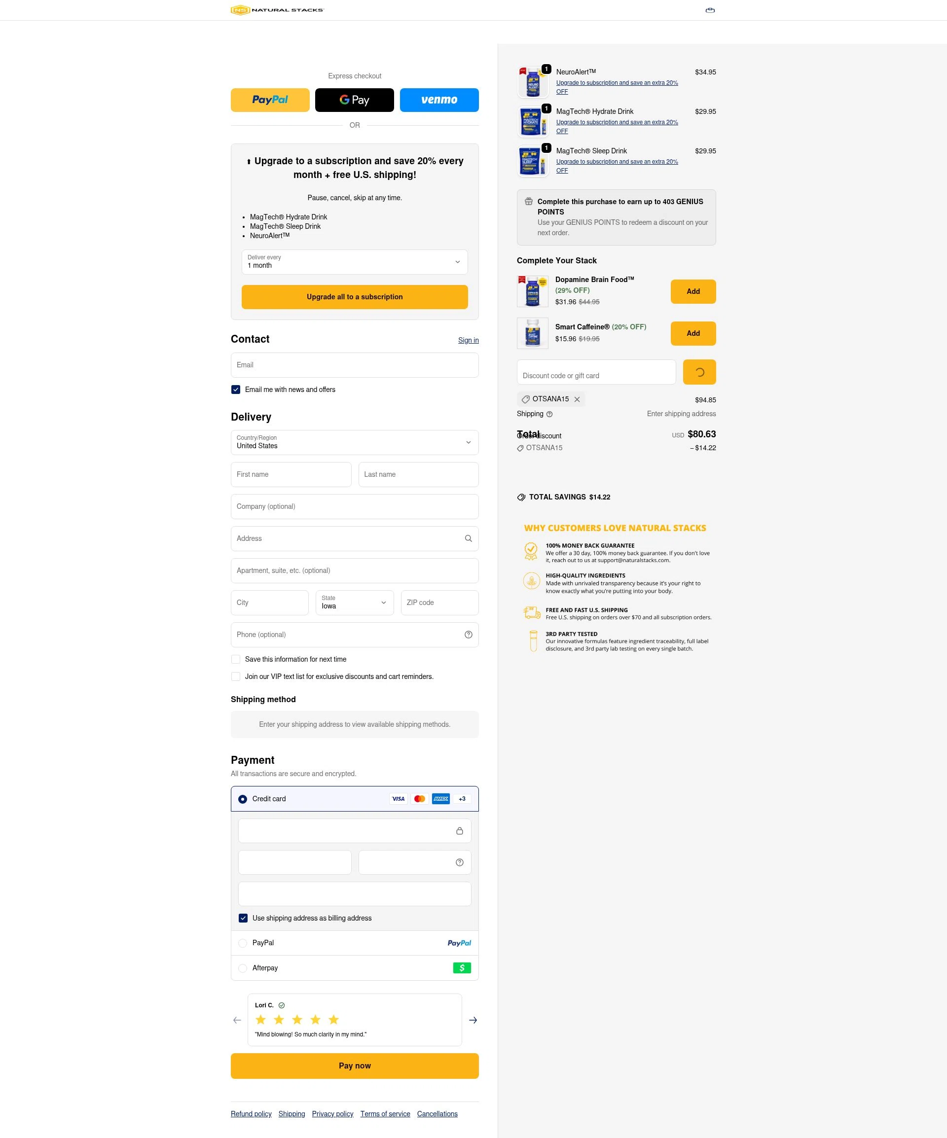 Natural Stacks checkout page showing Natural Stacks promo code box | Screenshot taken by SimplyCodes community member on Jan 4, 2026