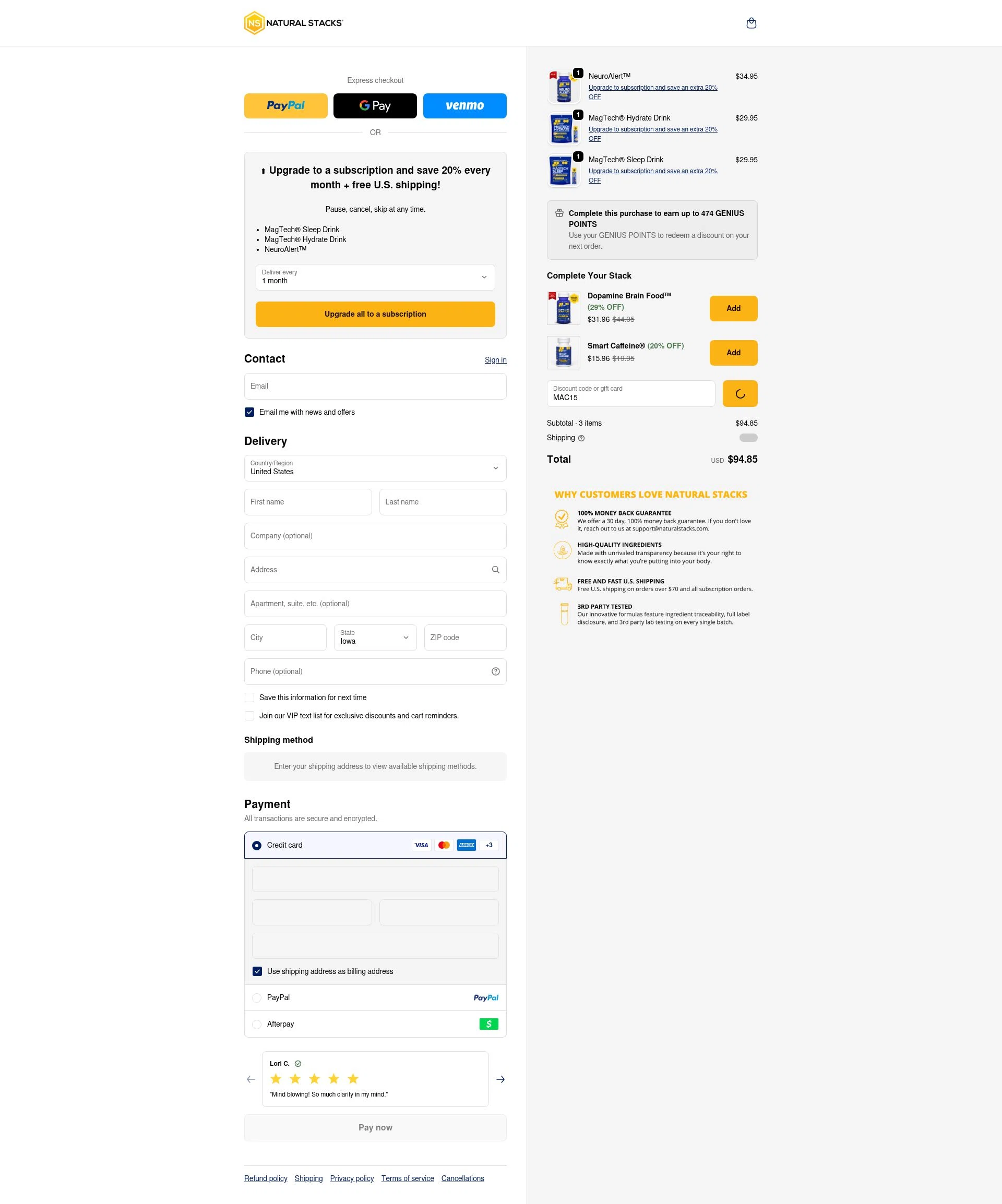 Natural Stacks checkout page showing Natural Stacks promo code box | Screenshot taken by SimplyCodes community member on Jan 4, 2026